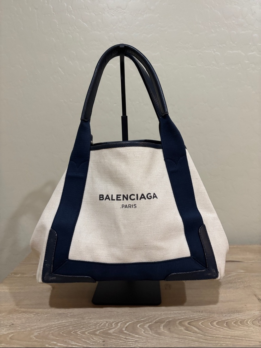 Balenciaga Kabas Stripe Cream and Navy Canvas Tote